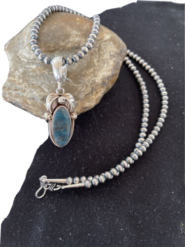 Men's Navajo Sterling Silver Beads Necklace | Denim Lapis Pendant | 2" | Authentic Native American Handmade | 1211