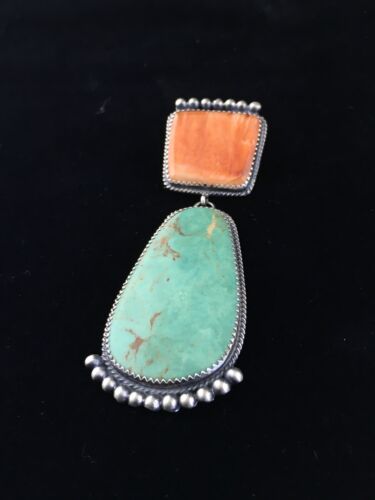 Navajo Blue Turquoise & Spiny Oyster Necklace Pendant | Sterling Silver | Native American Handmade | 10065