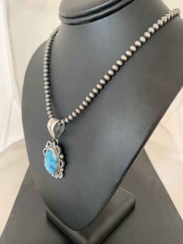 Navajo Sterling Silver Necklace with Spiderweb Kingman Turquoise Pendant | Authentic Native American Handmade | 00689
