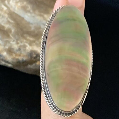 Native American Green Mother of Pearl Inlay Ring | Navajo Sterling Silver | Sz 7.5 | 12939