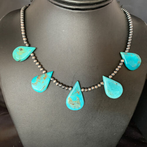 Navajo Teardrop Blue Turquoise Necklace | Sterling Silver Pearls | 20" | Authentic Native American Handmade | 13967