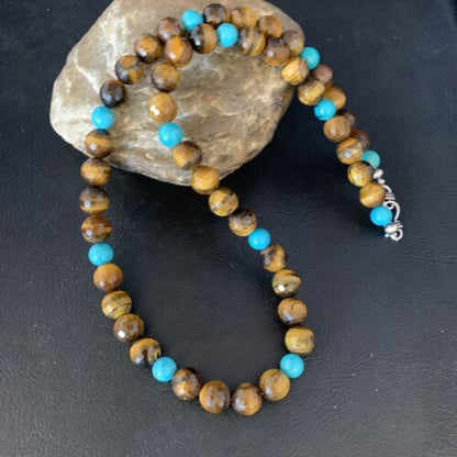 Navajo | Sterling Silver Necklace | Brown Tiger's Eye & Blue Turquoise | 20" | Authentic Native American Handmade | 13895