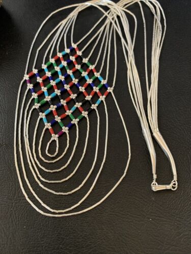 Multi-Color Liquid Silver Heishi Necklace | 7 Strand Sterling Silver Tubes | 18" | 12624