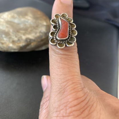 Native American Old Pawn Navajo Red Coral Ring | Sterling Silver | Sz 6 | 10369