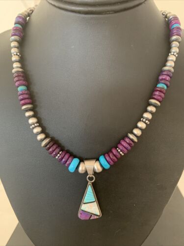 Navajo Purple Sugilite Turquoise Inlay Pendant | Sterling Silver Necklace | Authentic Native American Handmade | 02086