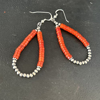 Southwestern Red Coral Dangle Earrings | Sterling Silver Heishi Bead | 2" | 14426