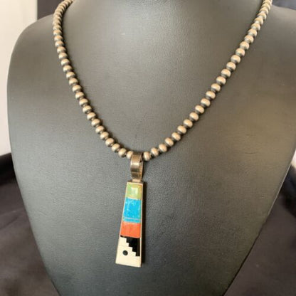 Navajo Old Pawn Mother of Pearl Turquoise Spiny Inlay Pendant Necklace | Sterling Silver | 10698