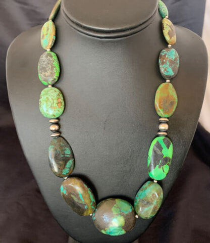 Navajo Sterling Silver Graduated Green Nugget Turquoise Necklace | Authentic Native American | 21" | 10724