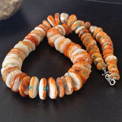 Navajo Turquoise & Orange Spiny Oyster Necklace | Sterling Silver | Authentic Native American | Graduated | 24" | 12733