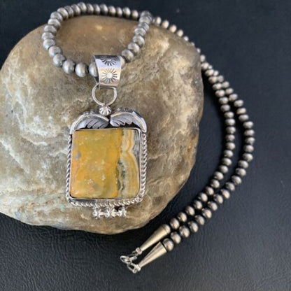 Navajo Bumblebee Jasper Pendant Necklace | Sterling Silver | Authentic Native American Handmade | 13621 - Masha USA