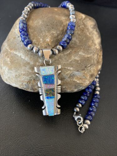 Navajo Pearls Necklace with Blue Lapis & White Opal Inlay Pendant | Sterling Silver | 11631