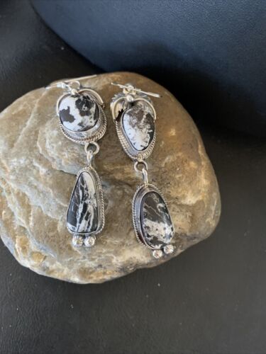 White Buffalo Turquoise Dangle Earrings | Sterling Silver | 2.5" | Authentic Native American Handmade | 12156