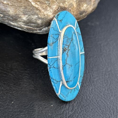 Navajo Blue Turquoise Inlay Band Ring | Sz 9 | Authentic Native American Handmade | 14514 - Masha USA