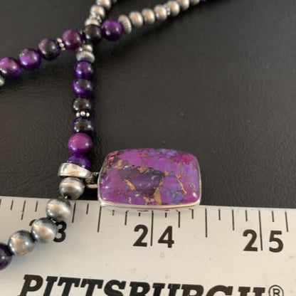 Navajo Pearl Purple Mojave Turquoise Onyx Pendant Necklace | Sterling Silver | Native American Handmade | 13401
