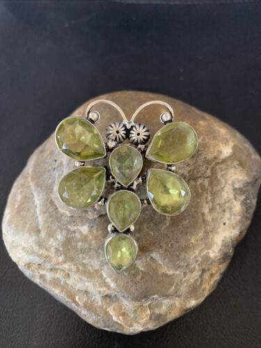 Navajo Dragonfly Pendant | Faceted Green Peridot Cluster | Authentic Native American Sterling Silver | Multi-Stone | 2.25" | 12741