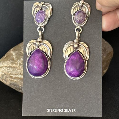 Navajo Purple Sugilite Dangle Earrings | Sterling Silver | 2" | Authentic Native American Handmade | 14403