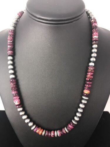 Navajo Purple Spiny Oyster Sterling Silver Necklace | 8mm Beads | Single Strand | 21" | 366