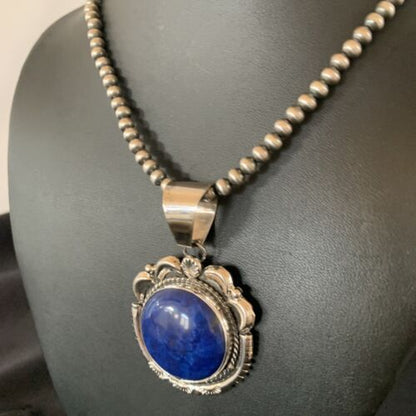 Native American Navajo Blue Lapis Pendant Necklace | Sterling Silver | Authentic Handmade | 11677 - Masha USA