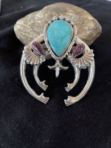 Navajo Sterling Silver Naja Pendant | Turquoise & Spiny Oyster | Authentic Native American Handmade | 01059