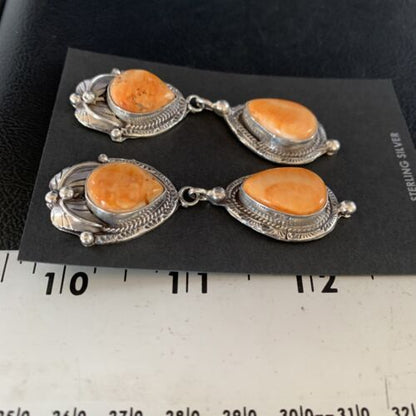 Navajo Orange Spiny Oyster Dangle Earrings | Sterling Silver | Authentic Native American Handmade | 13819