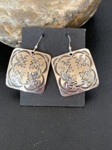 Native American Women's Dangle Earrings | Navajo Sterling Silver Stamped Handmade | 1658