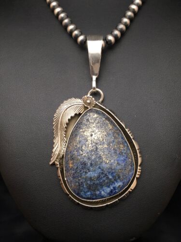 Men's Lapis Pendant | Sterling Silver Navajo Pearls Necklace | Authentic Native American Handmade | 1752