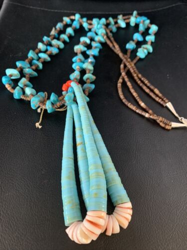 Santo Domingo Shell Blue Turquoise Bead Jacla Pendant Necklace | 30" | Authentic Native American Handmade | 13418