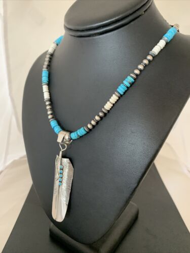 Navajo Turquoise Multi-Stone Feather Pendant | Authentic Native American Sterling Silver | Handmade | 3.5" | 02133