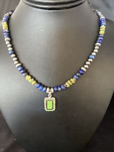 Navajo Green Turquoise and Lapis Pendant Necklace | Sterling Silver | Authentic Native American Handmade | 14634
