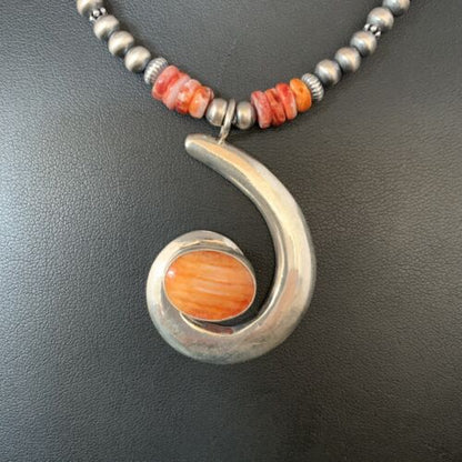 Navajo Orange Spiny Oyster Pendant Necklace | Sterling Silver | Authentic Native American Handmade | 13651