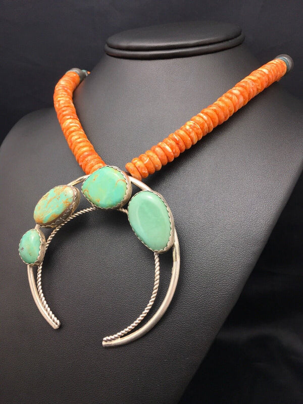 Navajo Sterling Silver Orange Spiny Turquoise Necklace | Naja Pendant | 20" | 4162