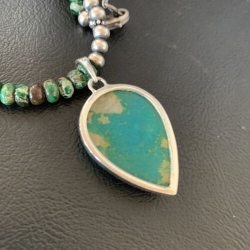 Navajo Green Turquoise Pendant Necklace | Sterling Silver Beads | Authentic Native American Handmade | 13367