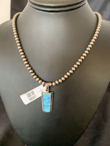Blue Opal Inlay Necklace Pendant | Navajo Pearls | Sterling Silver | Authentic Native American Handmade | 2835 - Masha USA