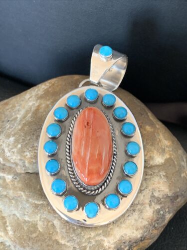 Navajo Multi-Stone Cluster Pendant | Blue Turquoise & Spiny Oyster | Sterling Silver | 11564