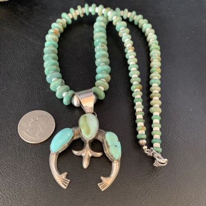 Navajo Royston Green Turquoise Naja Pendant Necklace | Sterling Silver | Authentic Native American Handmade | 13756