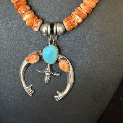 Navajo Blue Turquoise Spiny Oyster Naja Pendant Necklace | Sterling Silver | 18" | Authentic Native American Handmade | 14810 - Masha USA
