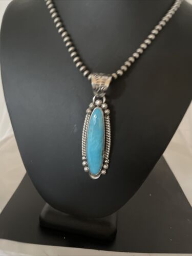 Navajo Men's Kingman Turquoise Pendant Necklace | Sterling Silver | Native American Handmade | 1069