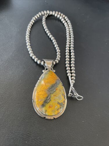 Men's Navajo Pearls Necklace with Bumblebee Jasper Pendant | Sterling Silver | Native American Handmade | 10548