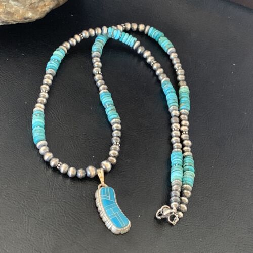 Navajo Pearls Turquoise Necklace with Inlay Pendant | Sterling Silver | 21" | Authentic Native American Handmade | 12579