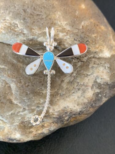 Zuni Turquoise Mother of Pearl Inlay Dragonfly Necklace Pin Pendant | Sterling Silver | 12319