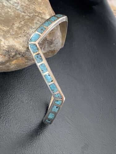 Navajo Old Pawn Blue Turquoise Chip Inlay Bracelet | Sterling Silver | Authentic Native American Handmade | 1168