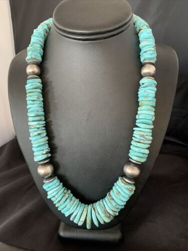 Authentic Native American Navajo Sterling Silver Necklace | Natural Turquoise #8 | Graduated Design | 28" | 13212