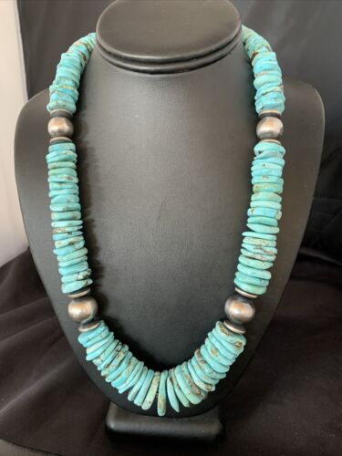 Authentic Native American Navajo Sterling Silver Necklace | Natural Turquoise #8 Graduated | 28" | 13211