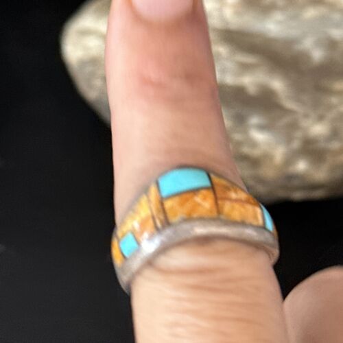 Southwestern Women's Navajo Blue Turquoise Spiny Oyster Inlay Ring | Sz 8 | 14559