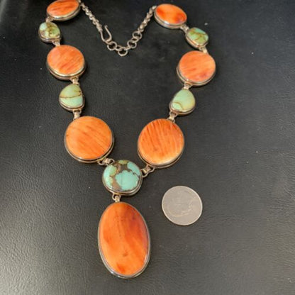 Navajo Lariat Necklace with Green Royston Turquoise & Spiny Oyster Pendant | Sterling Silver | 20" | 13888