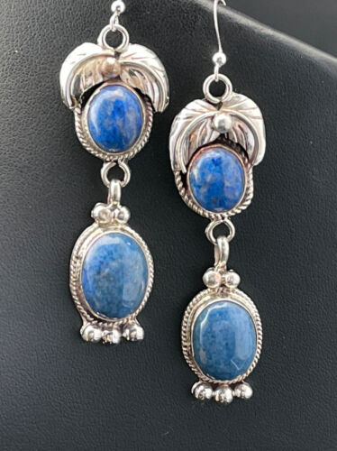 Navajo Denim Lapis Dangle Earrings | Sterling Silver | 2" | Authentic Native American Handmade | 01794