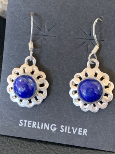 Navajo Flower Blue Lapis Lazuli Dangle Drop Earrings | Sterling Silver | 0.50" | 12711