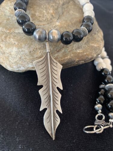 Navajo Feather Pendant | Black Onyx & Howlite | Sterling Silver Necklace | Authentic Native American Handmade | 01101