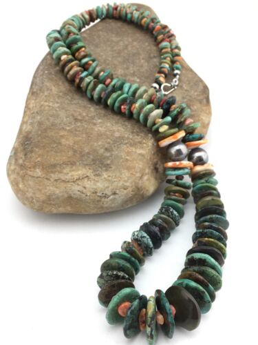 Navajo Graduated Green Turquoise & Spiny Oyster Necklace | Sterling Silver | Authentic Native American | 29" | 1336