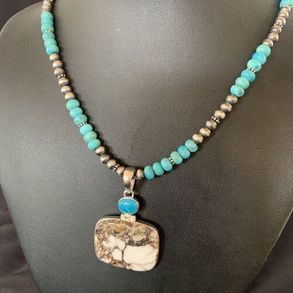 Navajo Pearl Blue Turquoise, Wild Horse & Multi-Stone Pendant Necklace | Authentic Native American Sterling Silver | 11862